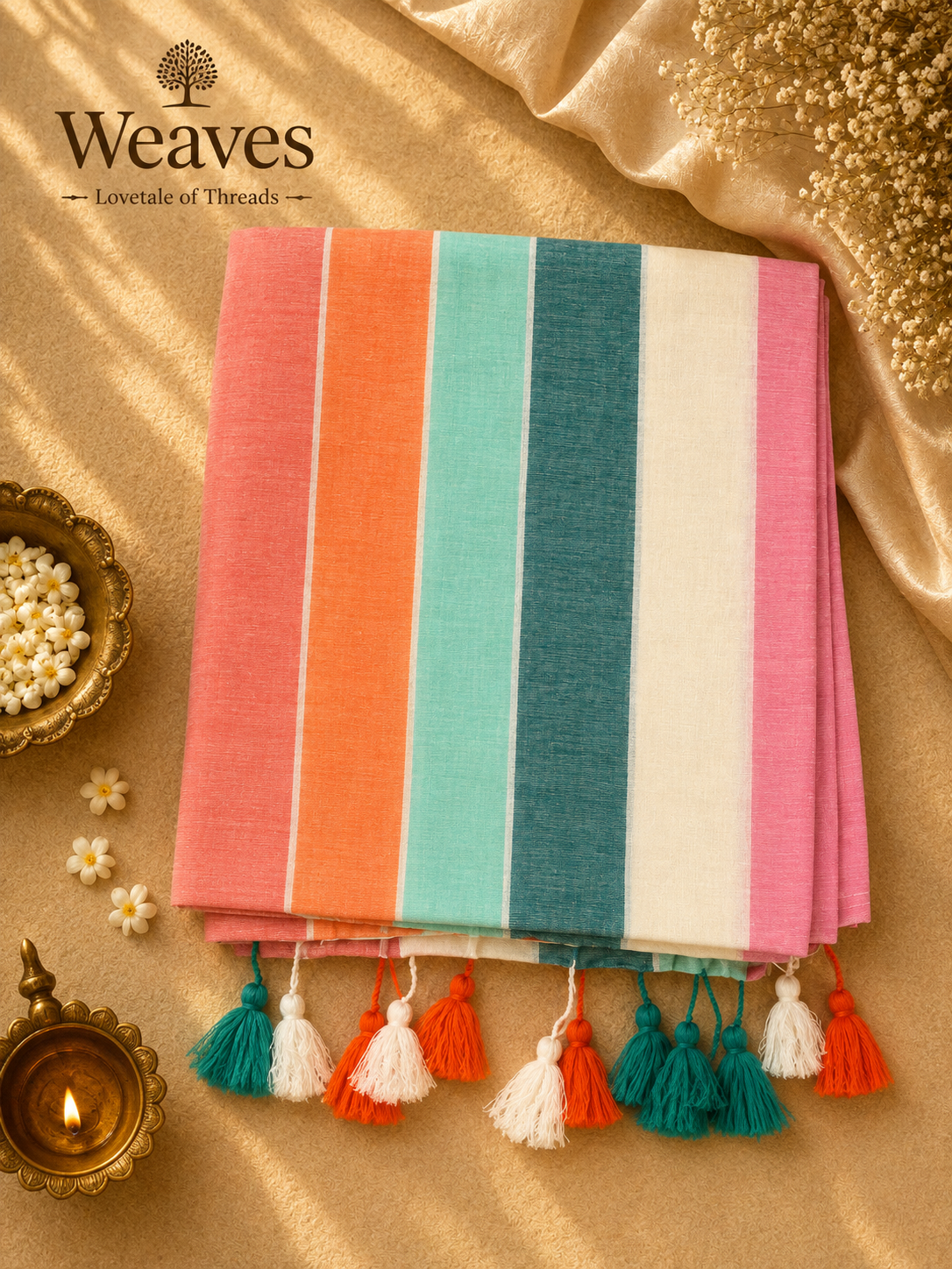 Coral, orange, mint, teal, ivory and pink striped mul cotton saree with colourful tassels