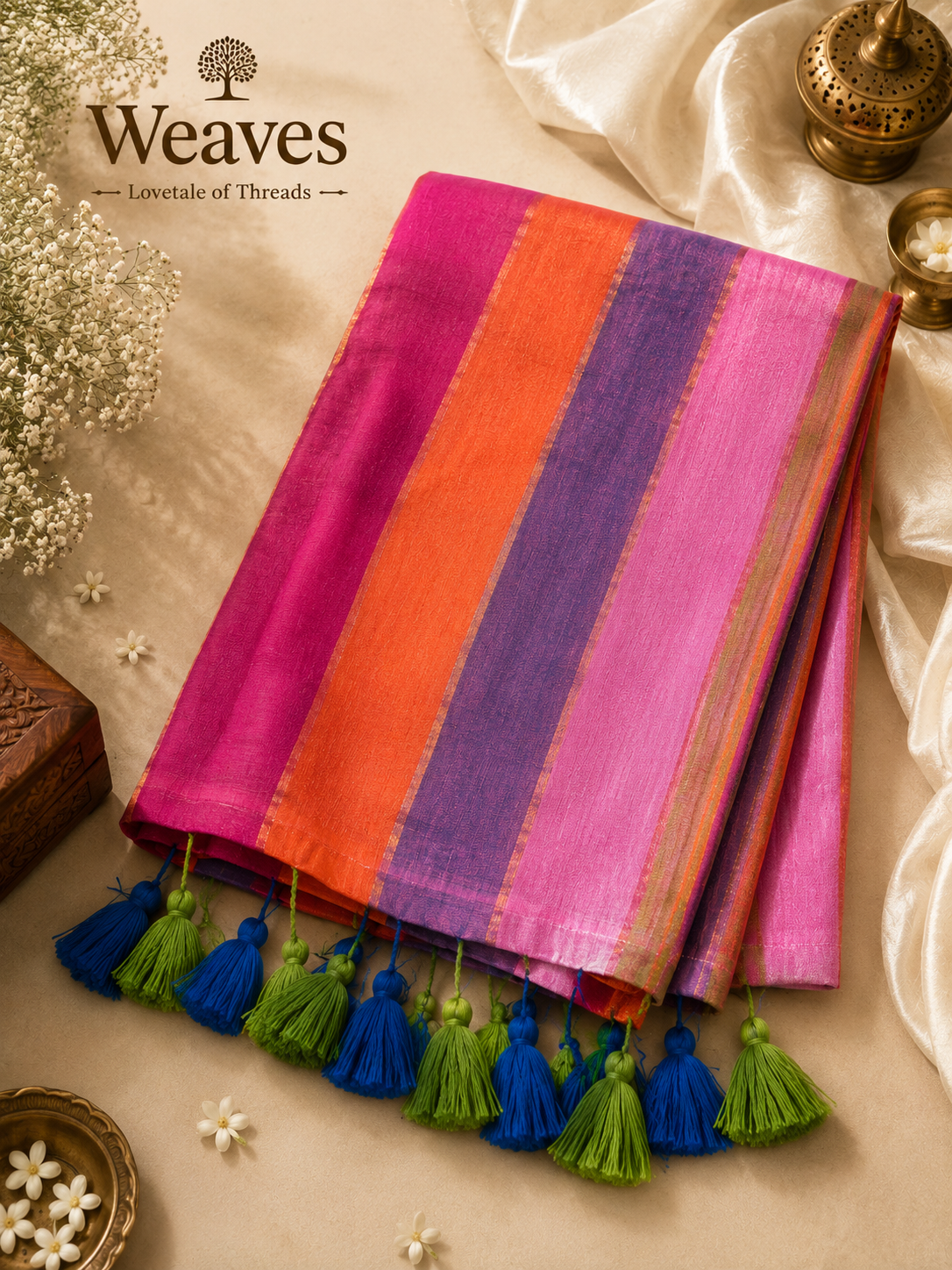 Magenta, orange, purple and pink striped mul cotton saree with blue and green tassels