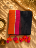 Orange, Pink & Black Mul Cotton Saree with Tassels
