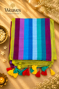 Rainbow multicolour mul cotton saree with bold vertical stripes and bright multicolour tassels