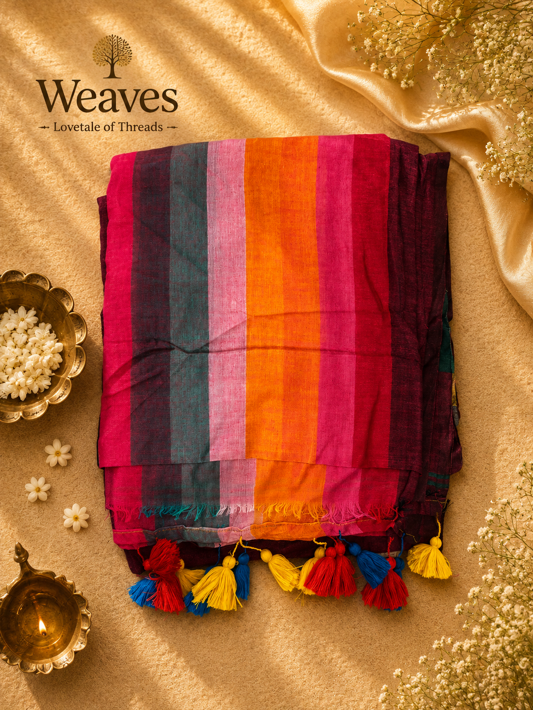 Vibrant multicolour mul cotton saree with bold vertical stripes and red, blue, and yellow tassels