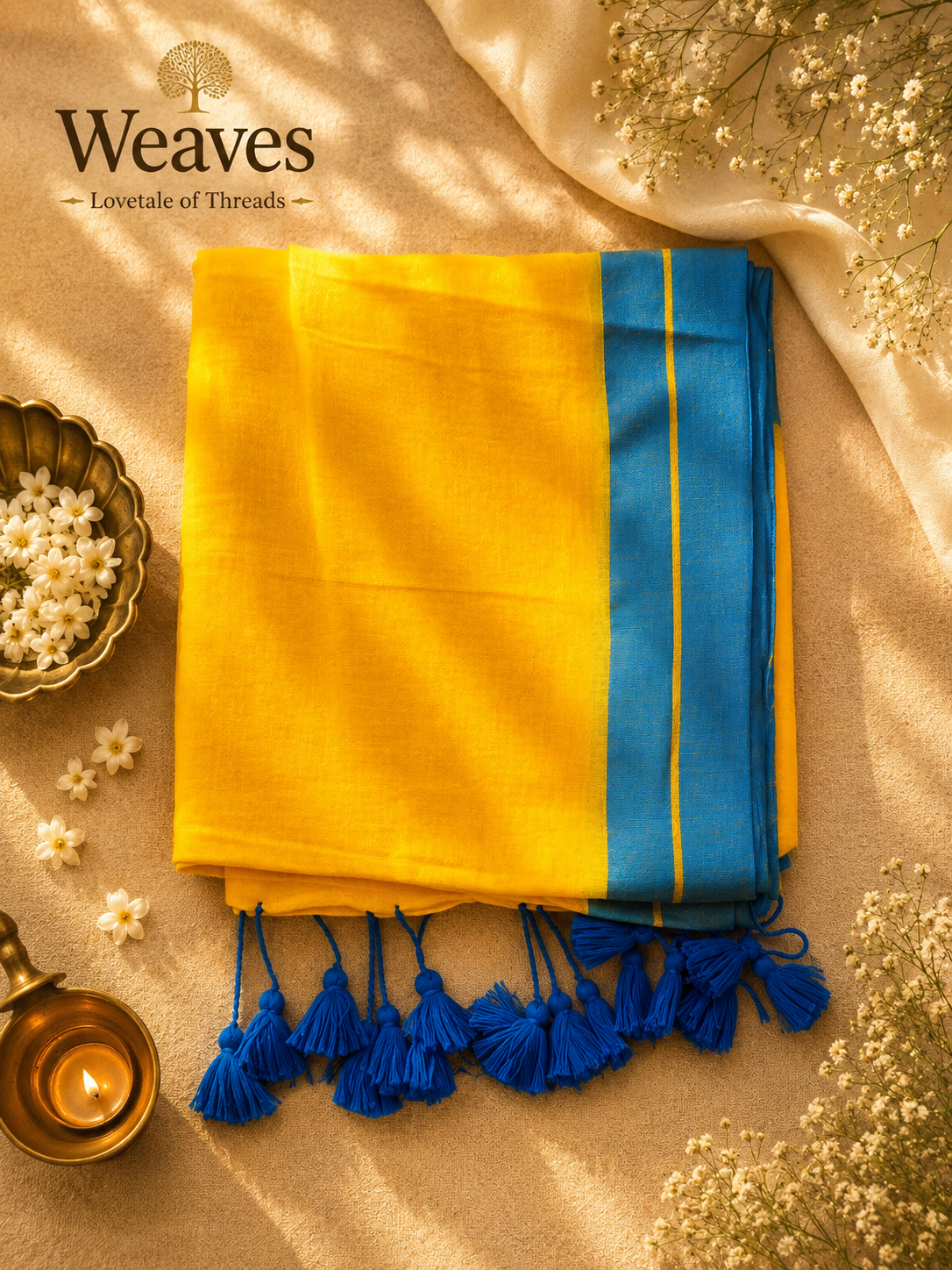 Yellow mul cotton saree with a blue border, fine yellow detailing, and blue tassels