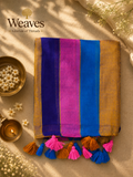 Multicolour mul cotton saree with purple, pink, blue, and golden stripes and decorative tassels