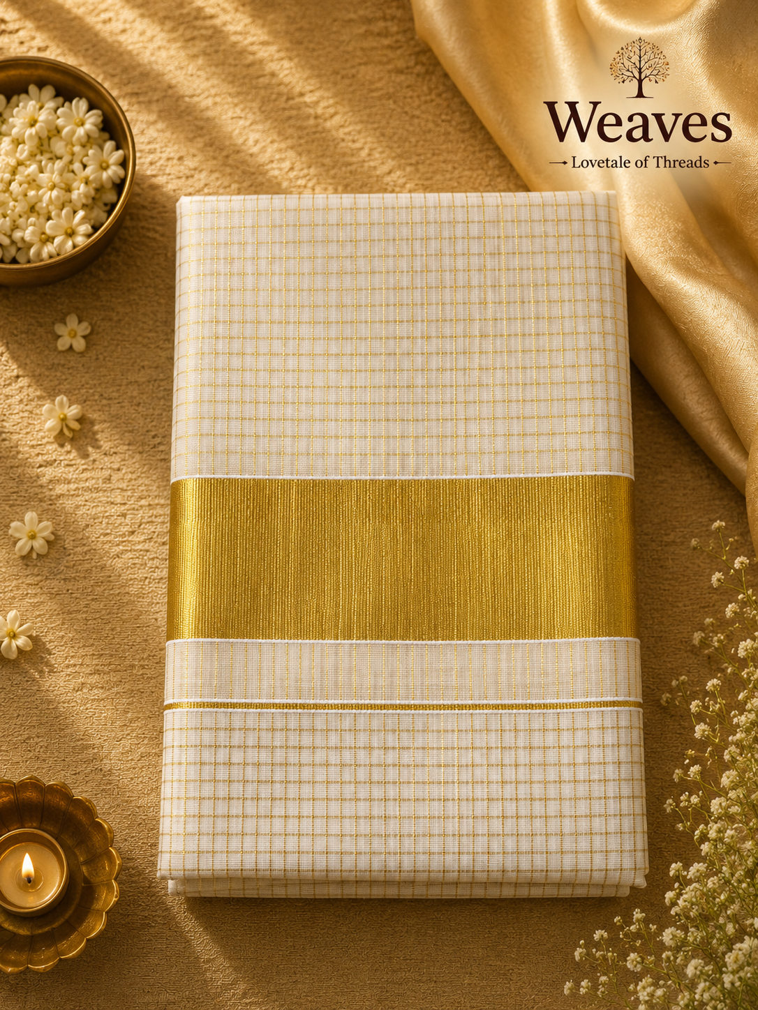 Off-white Kerala tissue saree with gold checks and a broad gold zari border, styled for Onam