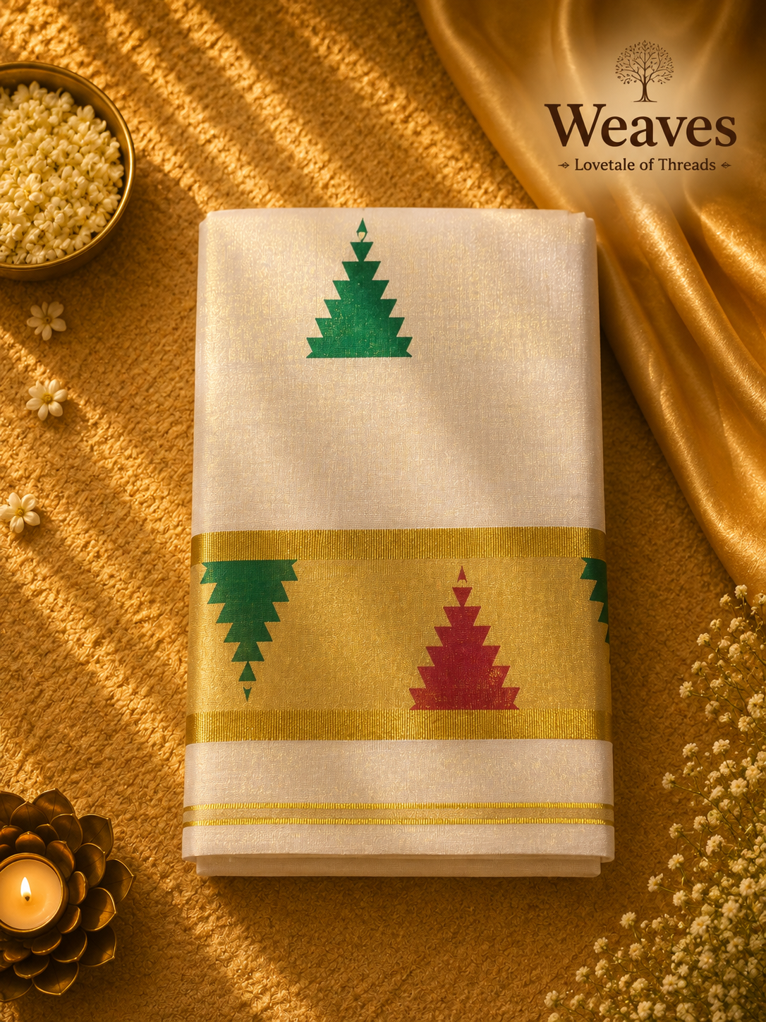 Ivory kasavu saree with green and maroon temple motifs and gold border