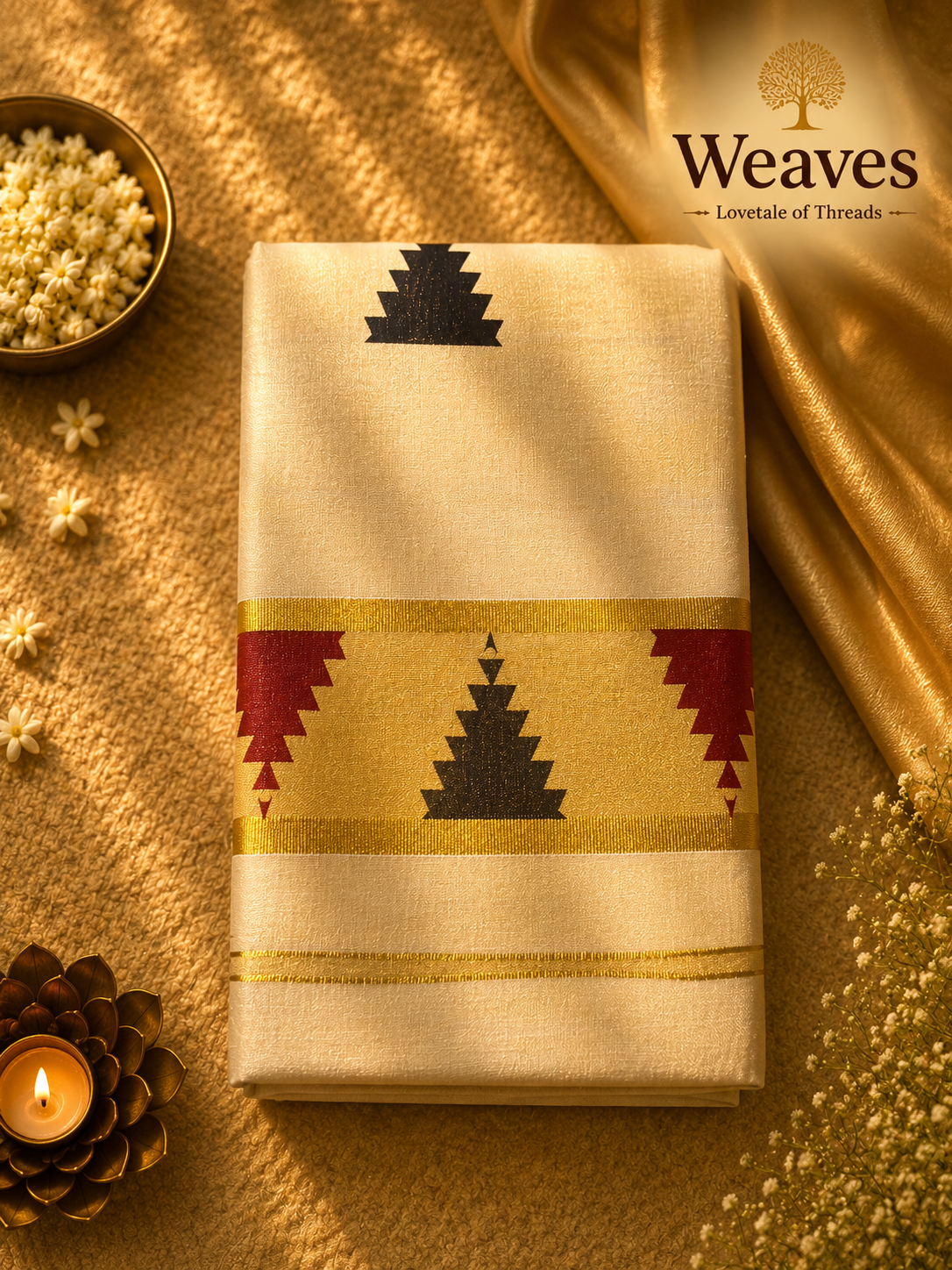 Ivory kasavu saree with red and black temple motifs and gold border