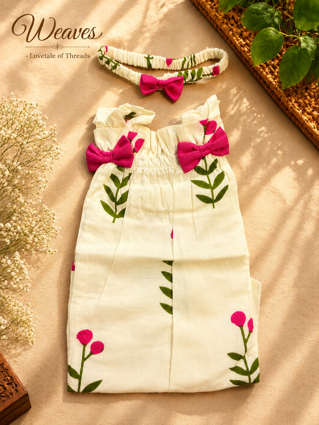 Girl wearing a cream cotton floral dress with pink bows and matching headband