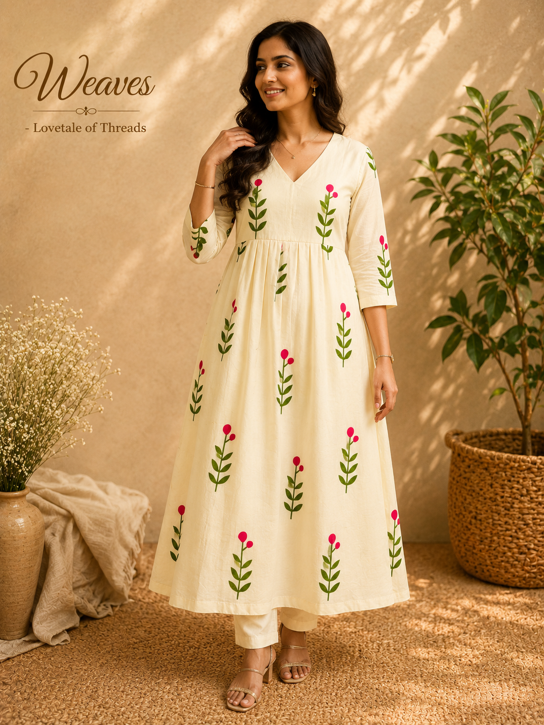 Folded cream cotton floral dress styled with dried flowers
