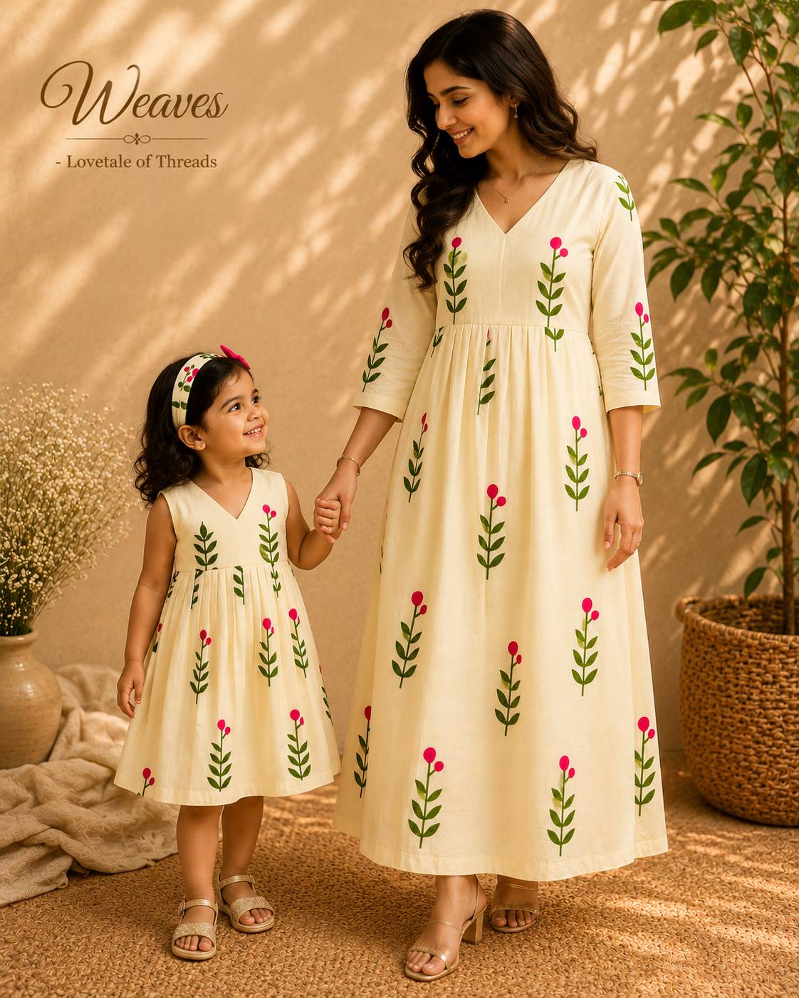 Mother and daughter in matching cream floral cotton dresses