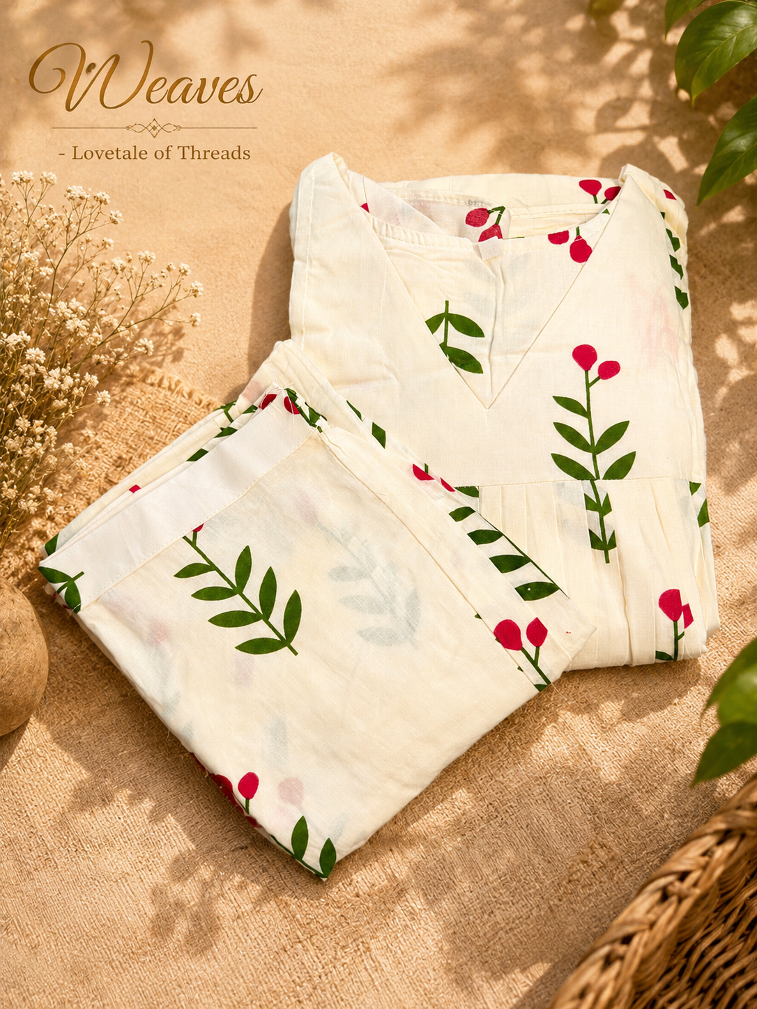 Folded cream cotton co-ord set showing the kurta and matching floral pants