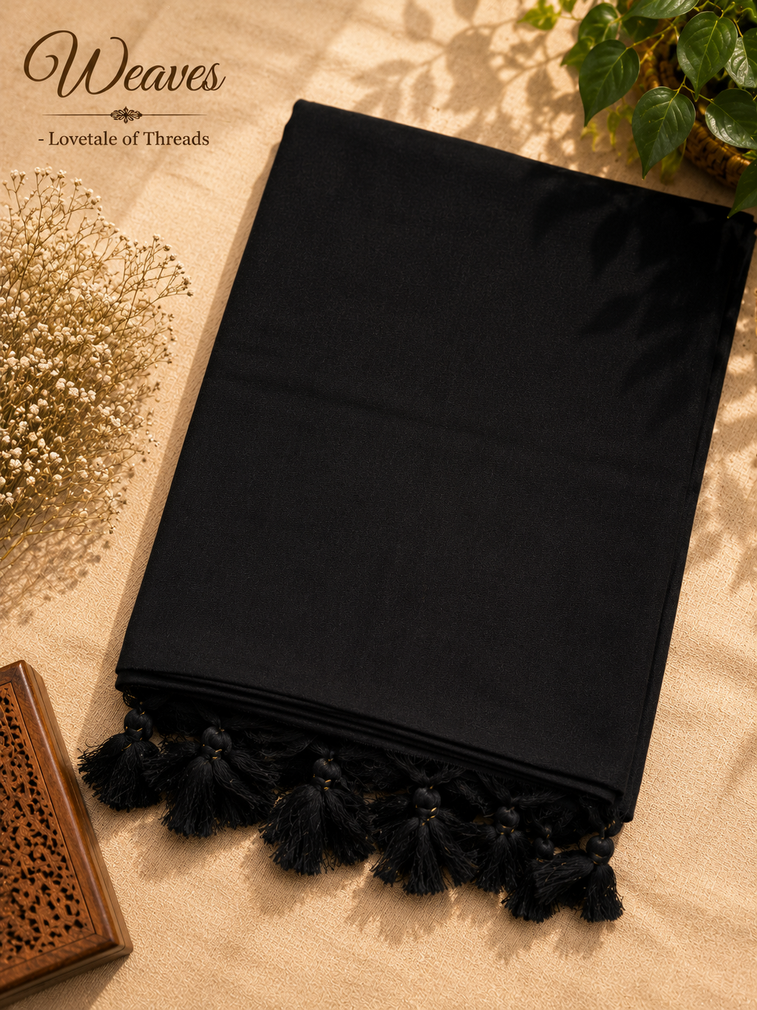 Folded black silk tissue saree with black tassels