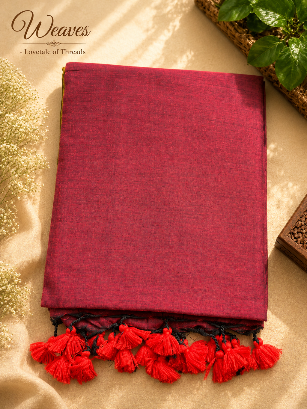 Wine and olive gold soft silk tissue saree with red tassel pallu
