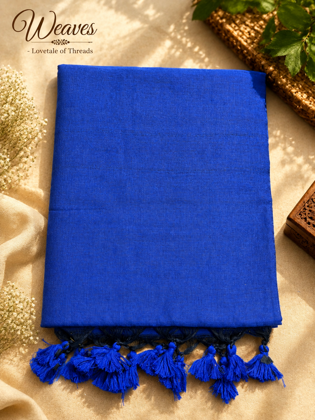 Royal blue and olive gold soft silk tissue saree with blue tassel pallu