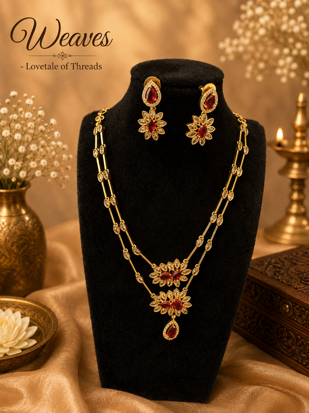 Ruby floral necklace and matching earrings jewellery set on a black display bust