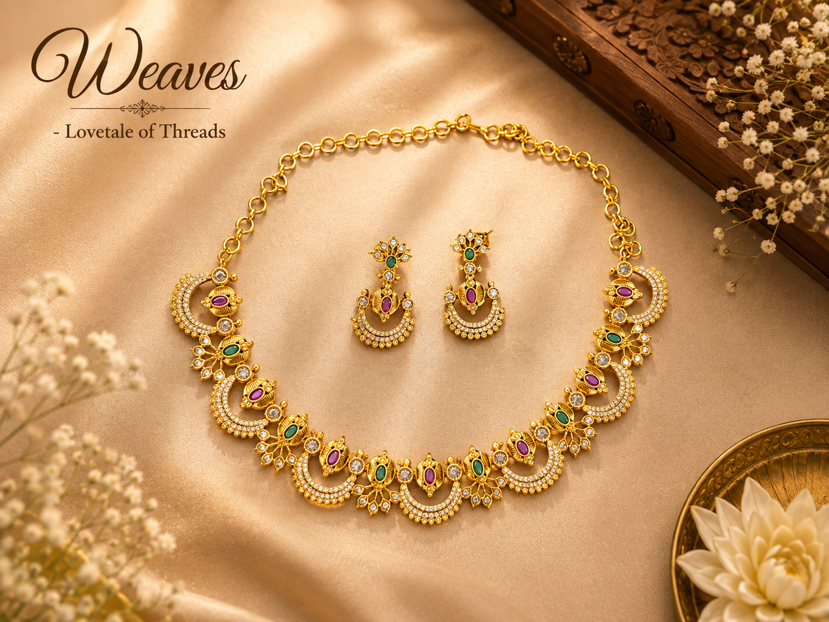 Multicolour temple-style necklace and matching earrings jewellery set with ruby and emerald accents