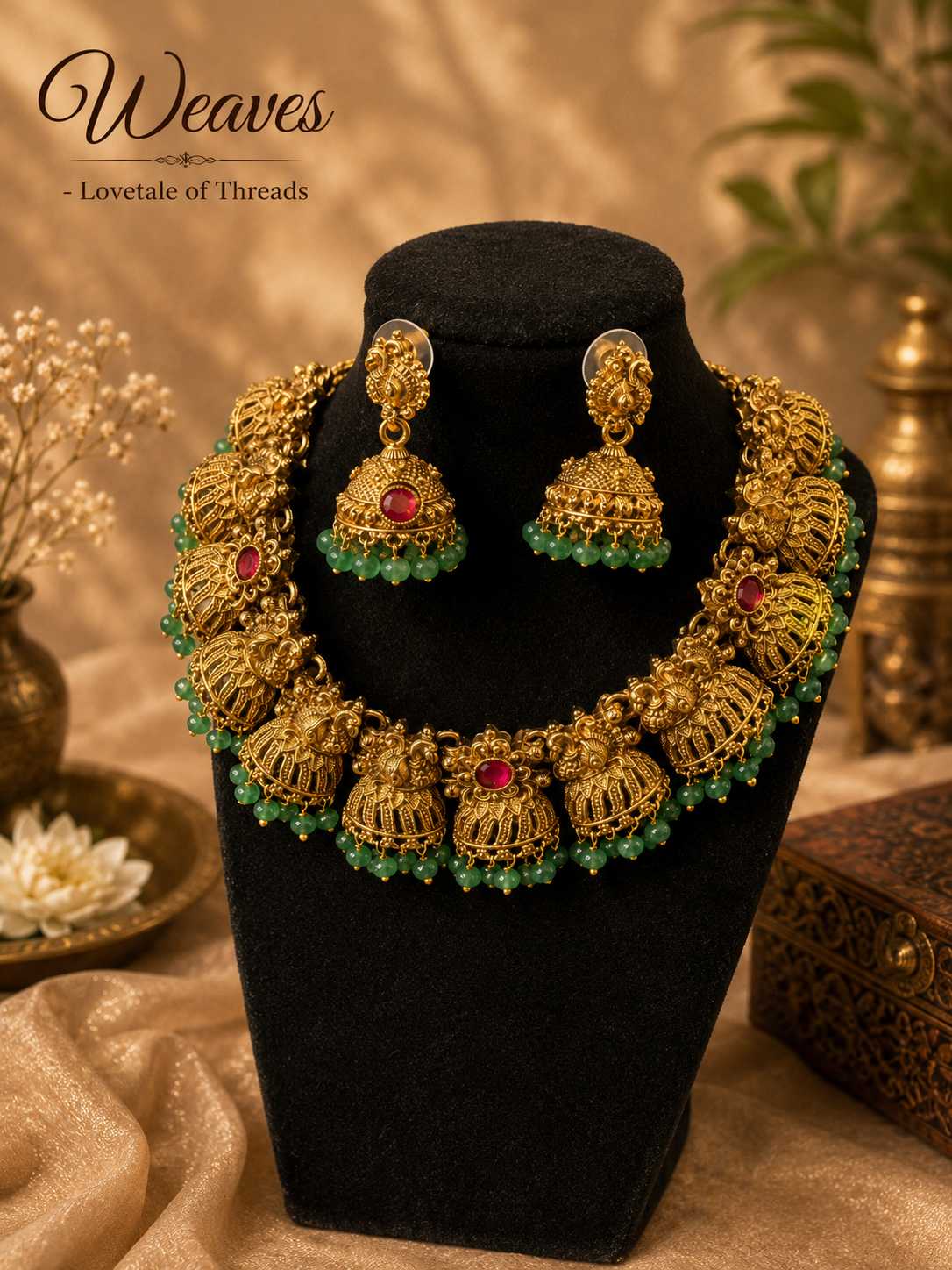 Emerald-beaded temple necklace and matching earrings set with ruby-red accents