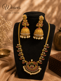 Pearl jhumka necklace and matching earrings set with colourful stone accents