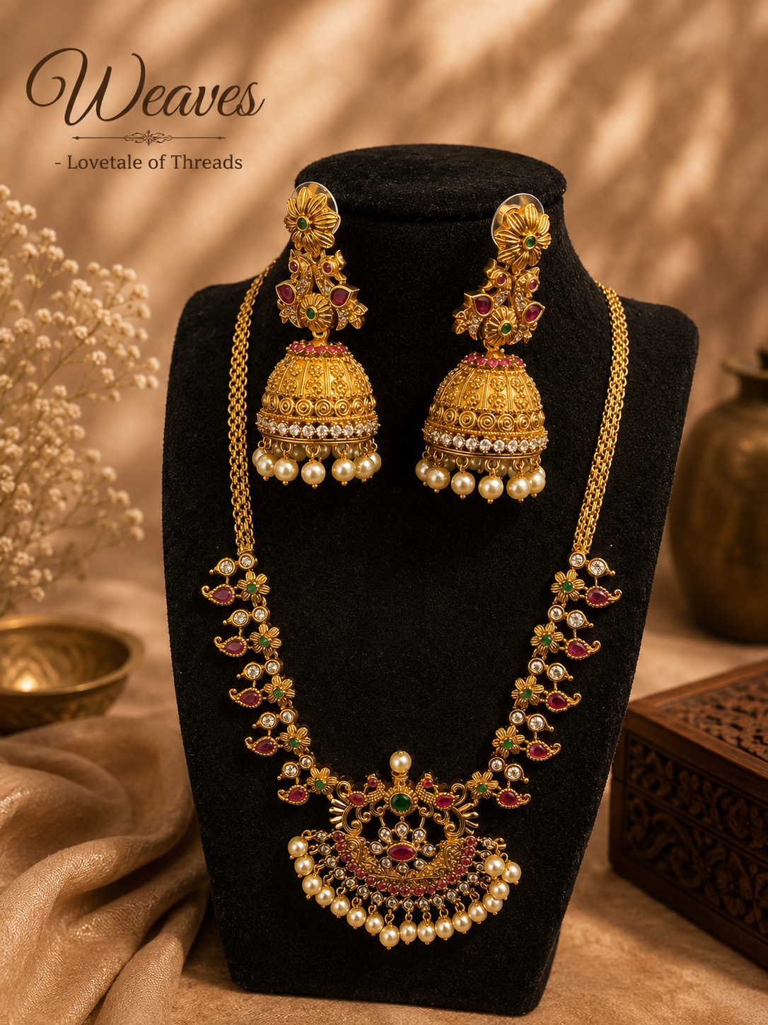 Pearl jhumka necklace and matching earrings set with colourful stone accents