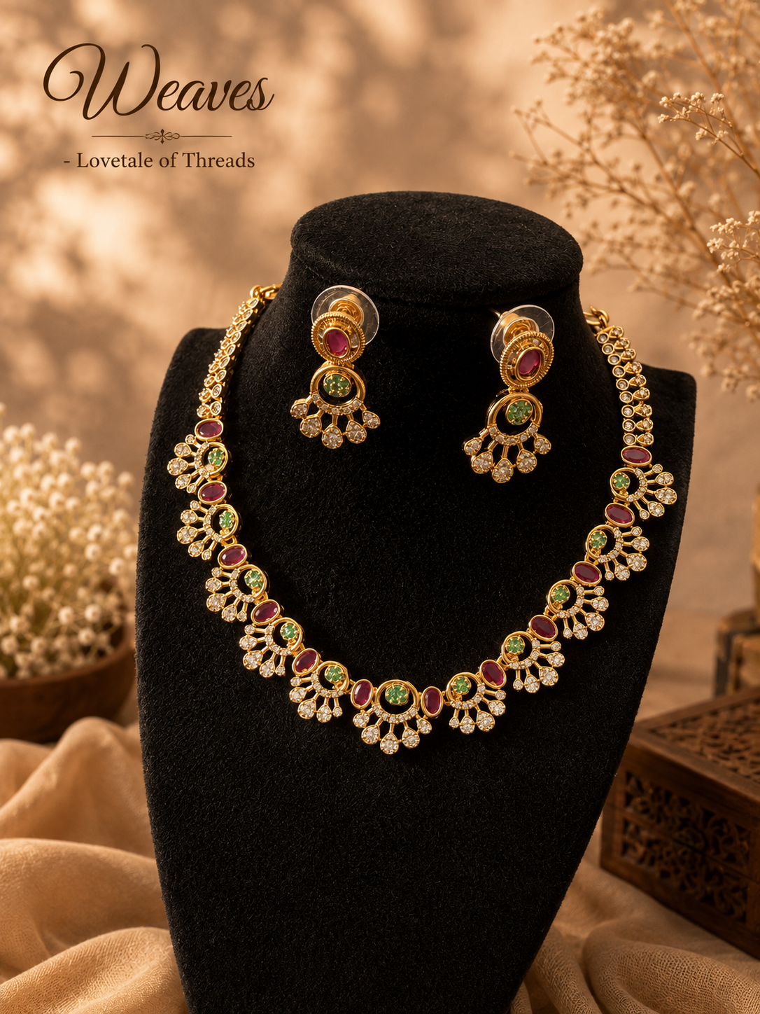 Ruby emerald floral necklace and matching earrings set with clear stone accents