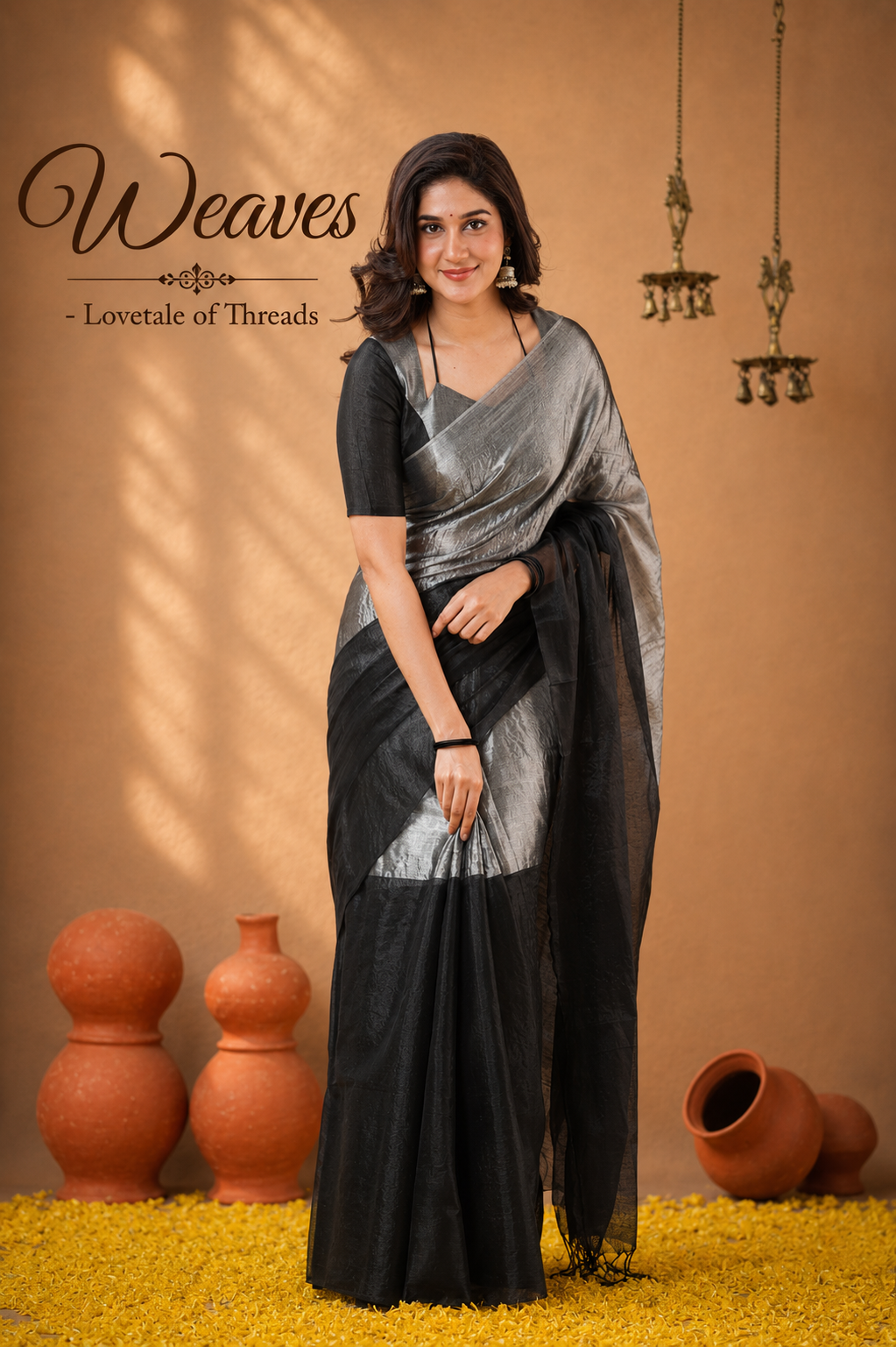 Folded black and silver-grey Raga tissue cotton half-and-half saree with tassel detailing