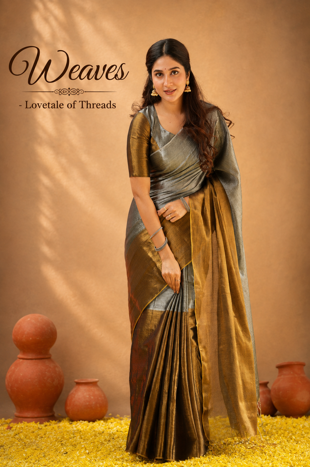 Raga tissue cotton half and half saree in mustard yellow and silver grey, folded view