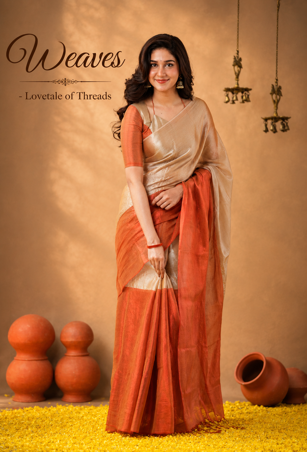 Raga tissue cotton half and half saree in coral orange and champagne