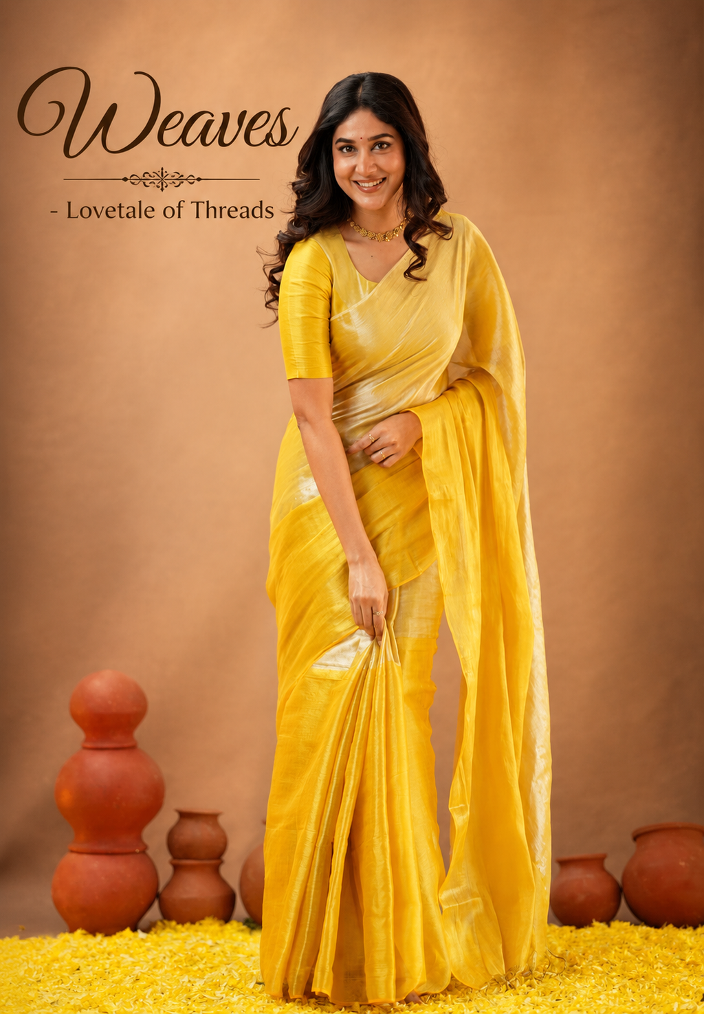 Raga tissue cotton half and half saree in yellow and light gold, folded view