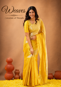 Raga tissue cotton half and half saree in yellow and light gold, folded view