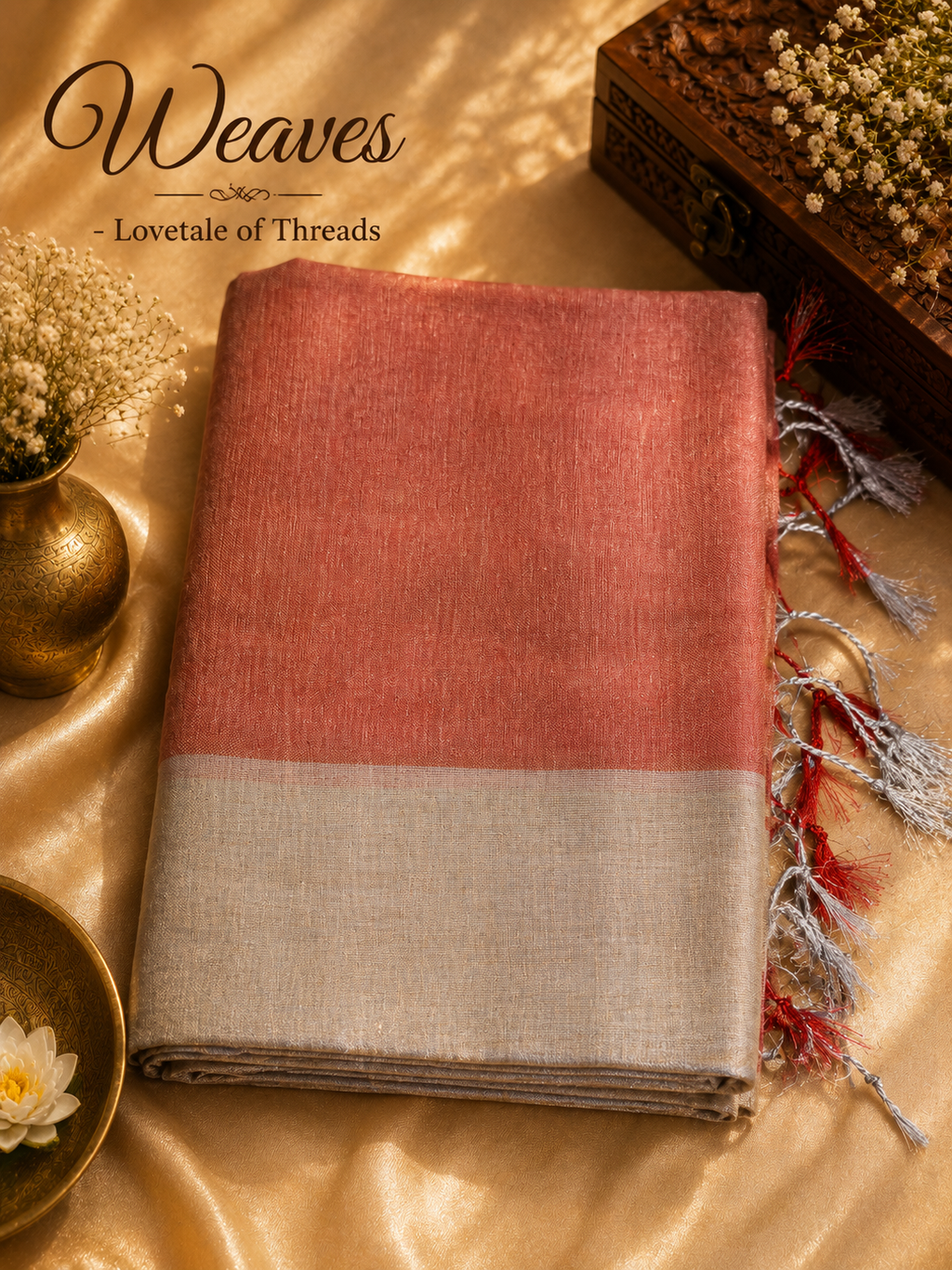 Raga tissue cotton half and half saree in coral orange and champagne