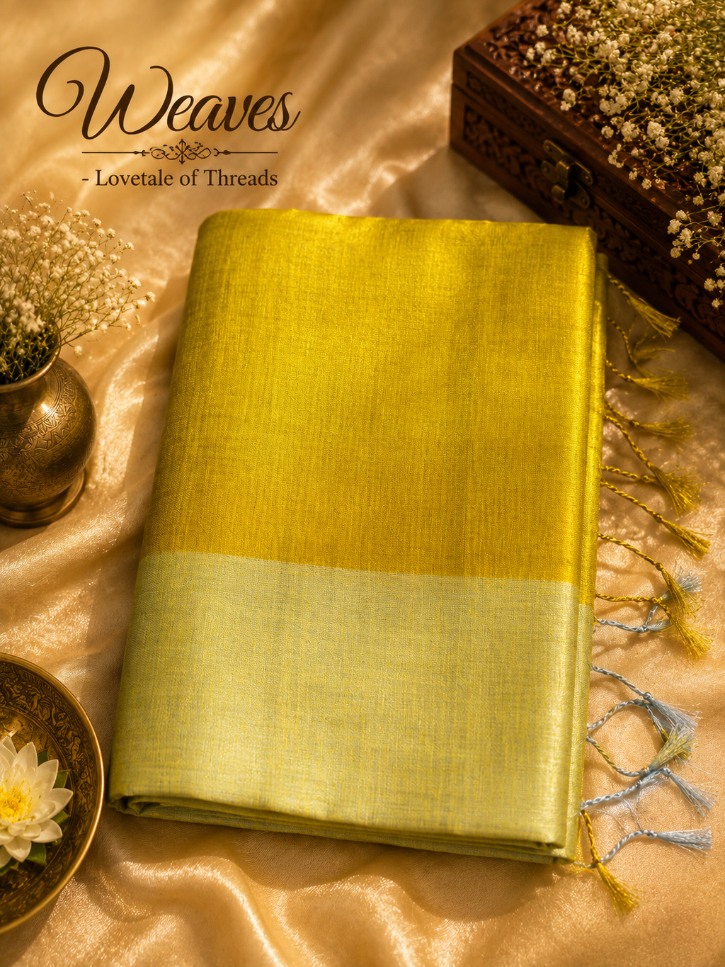 Model wearing a Raga tissue cotton half and half saree in yellow and light gold