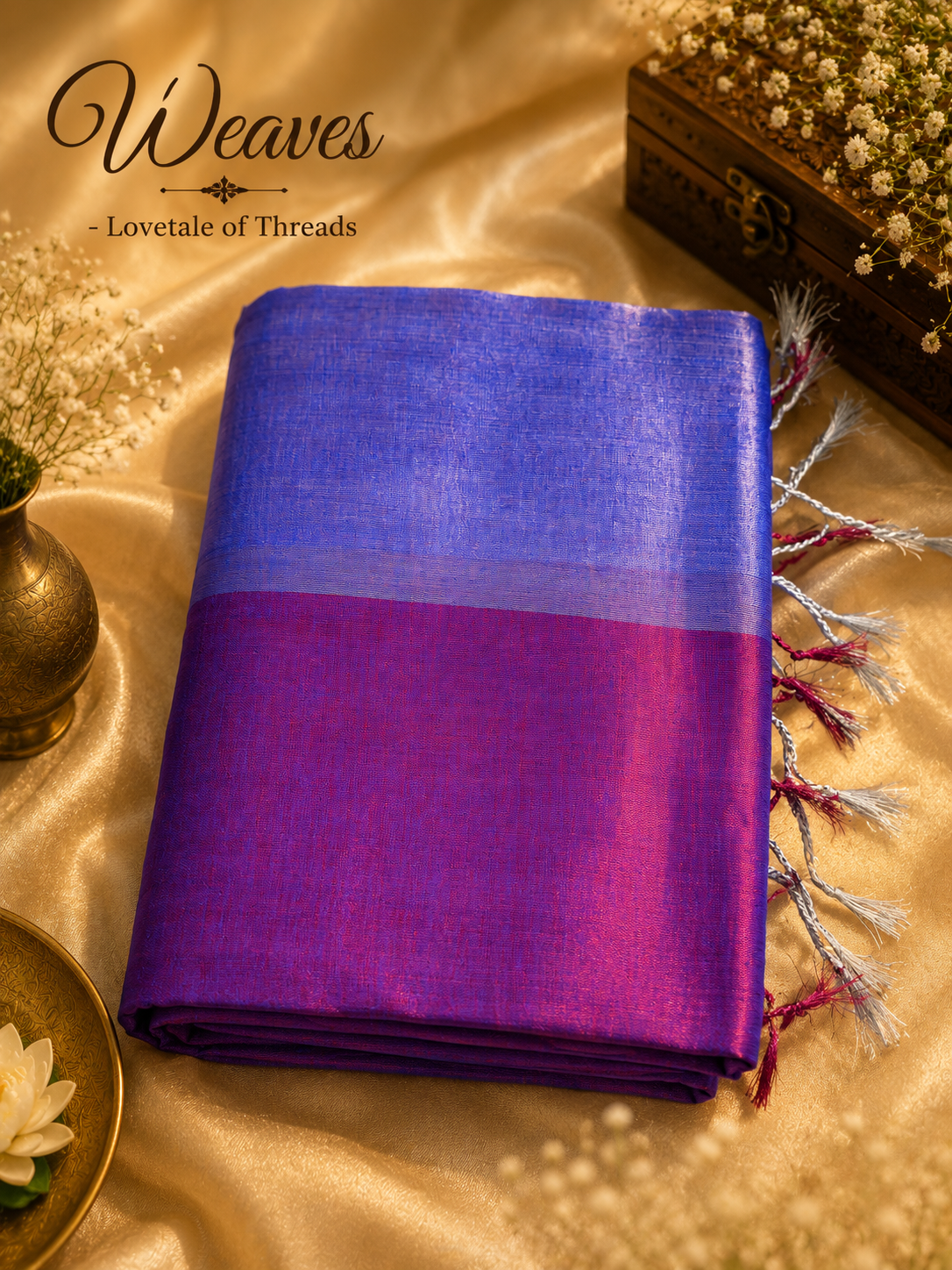 Raga tissue cotton half and half saree in royal blue and magenta, draped view