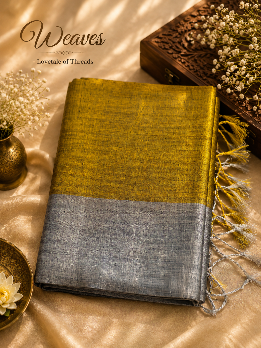 Model wearing a Raga tissue cotton half and half saree in mustard yellow and silver grey