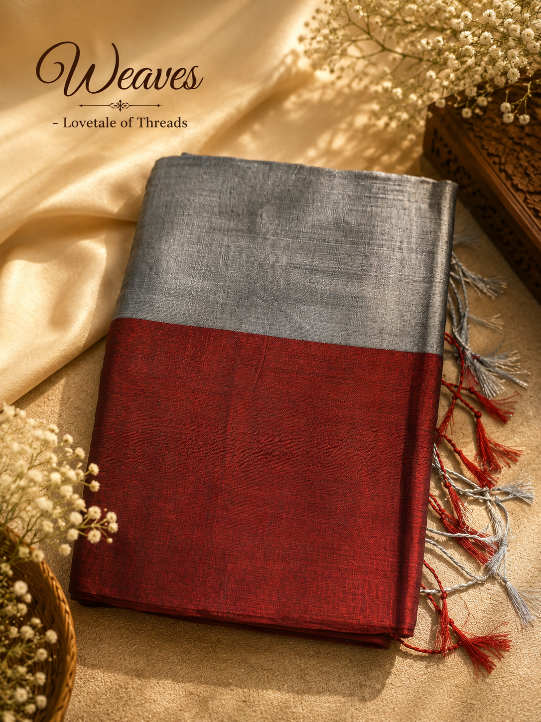 Model wearing a silver-grey and wine-red Raga tissue cotton half-and-half saree