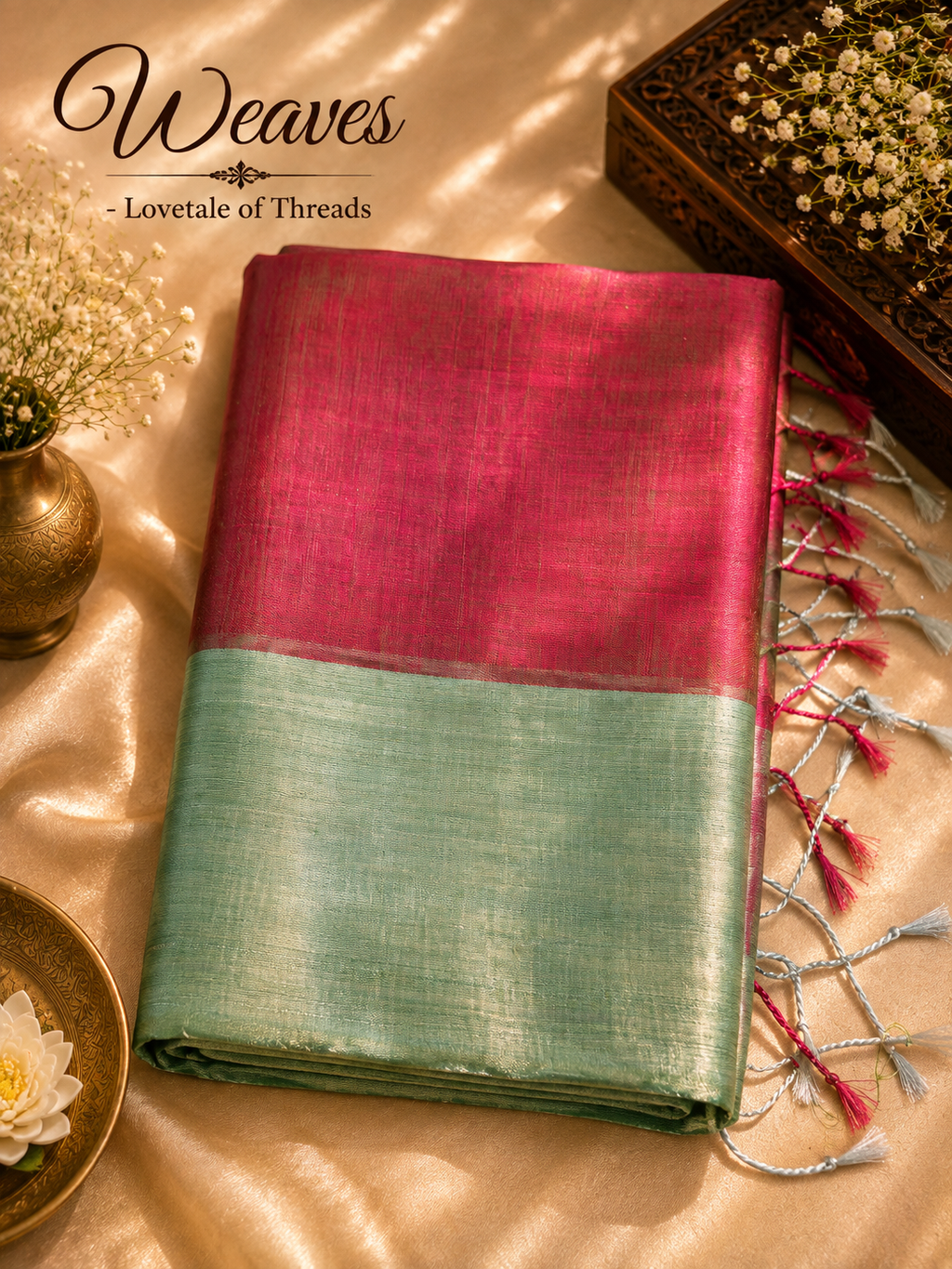 Raga tissue cotton half and half saree in magenta and sage green, folded view
