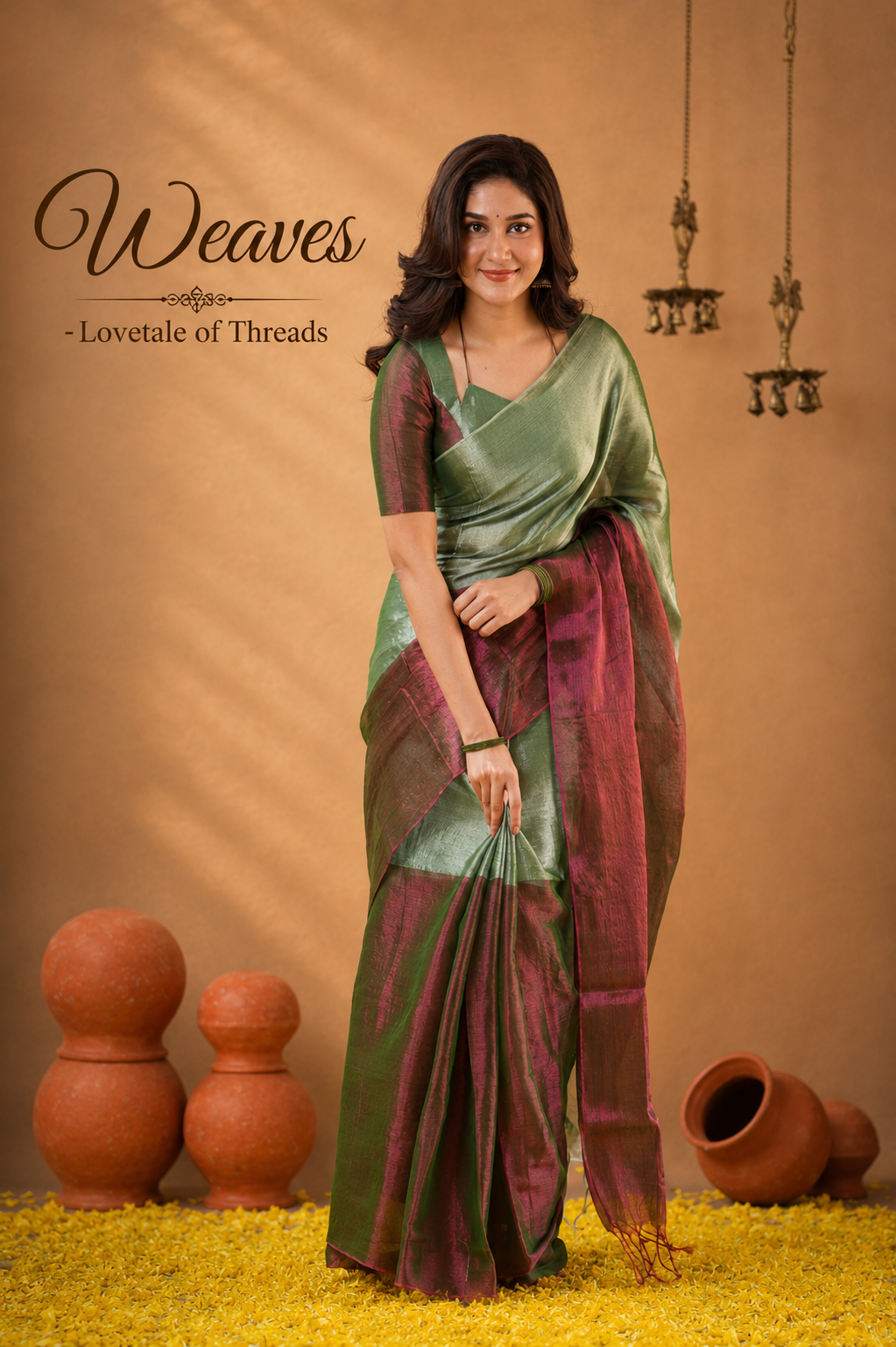Model wearing a Raga tissue cotton half and half saree in magenta and sage green