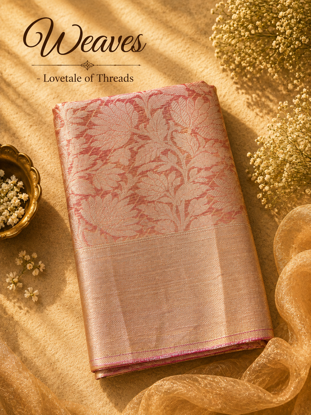 Double Shaded Tissue Saree in rose gold and blush with floral zari weave