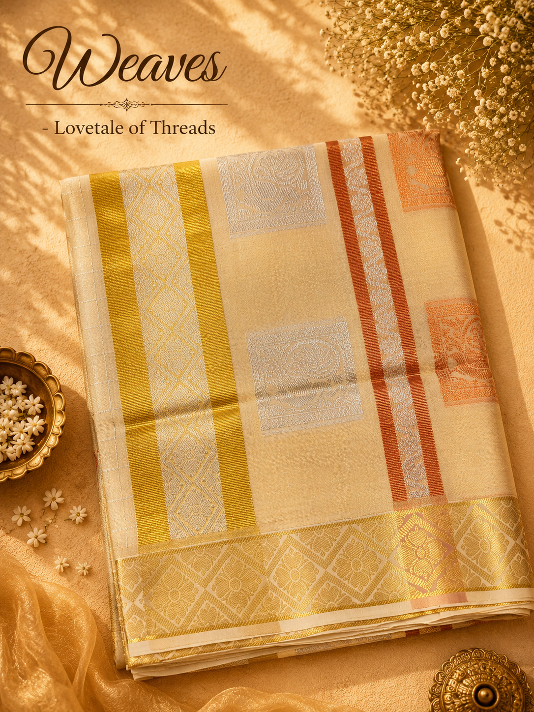Kerala tissue saree cream with multi-colour zari border detail