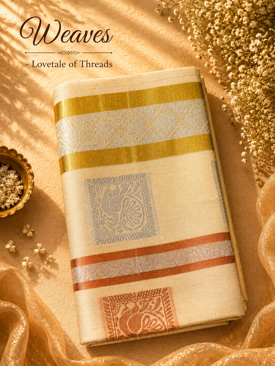 Kerala tissue saree cream with gold and silver zari border