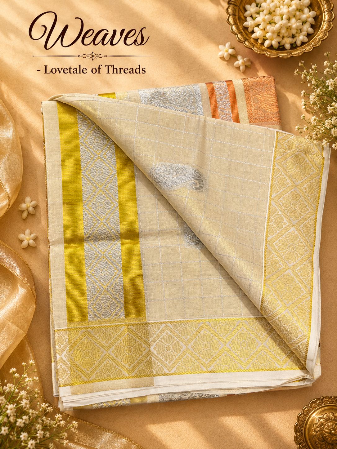 Kerala tissue saree cream folded showing gold zari border and pallu