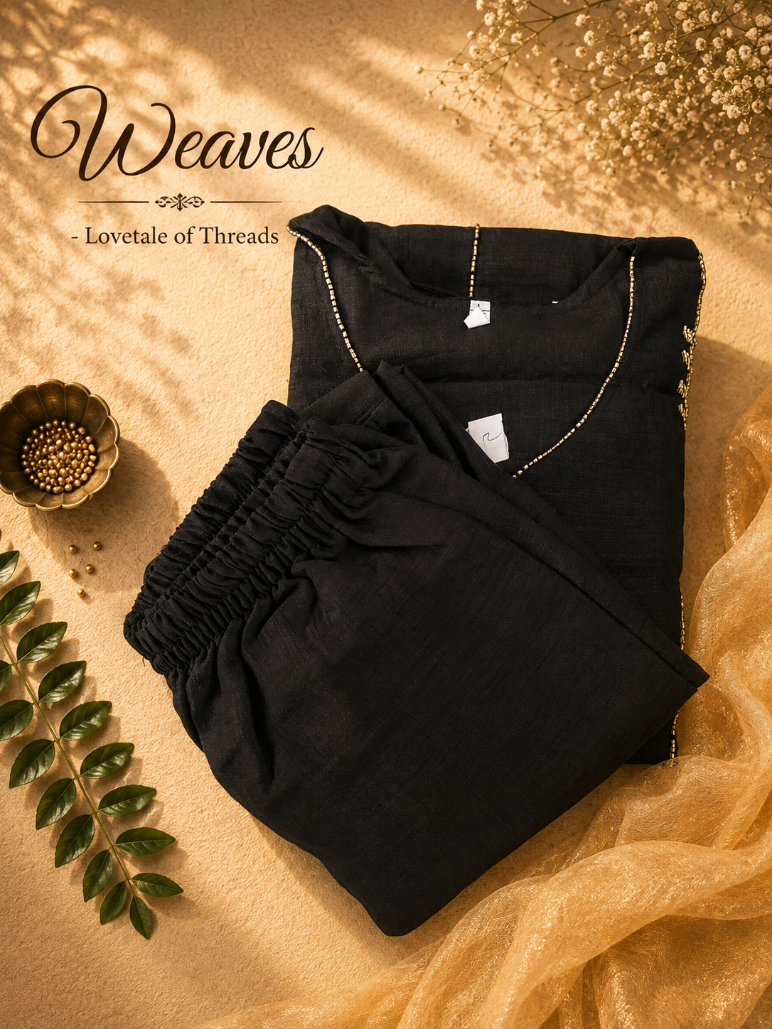 Black Aline top and pant set with coordinated pants and gold-toned detailing