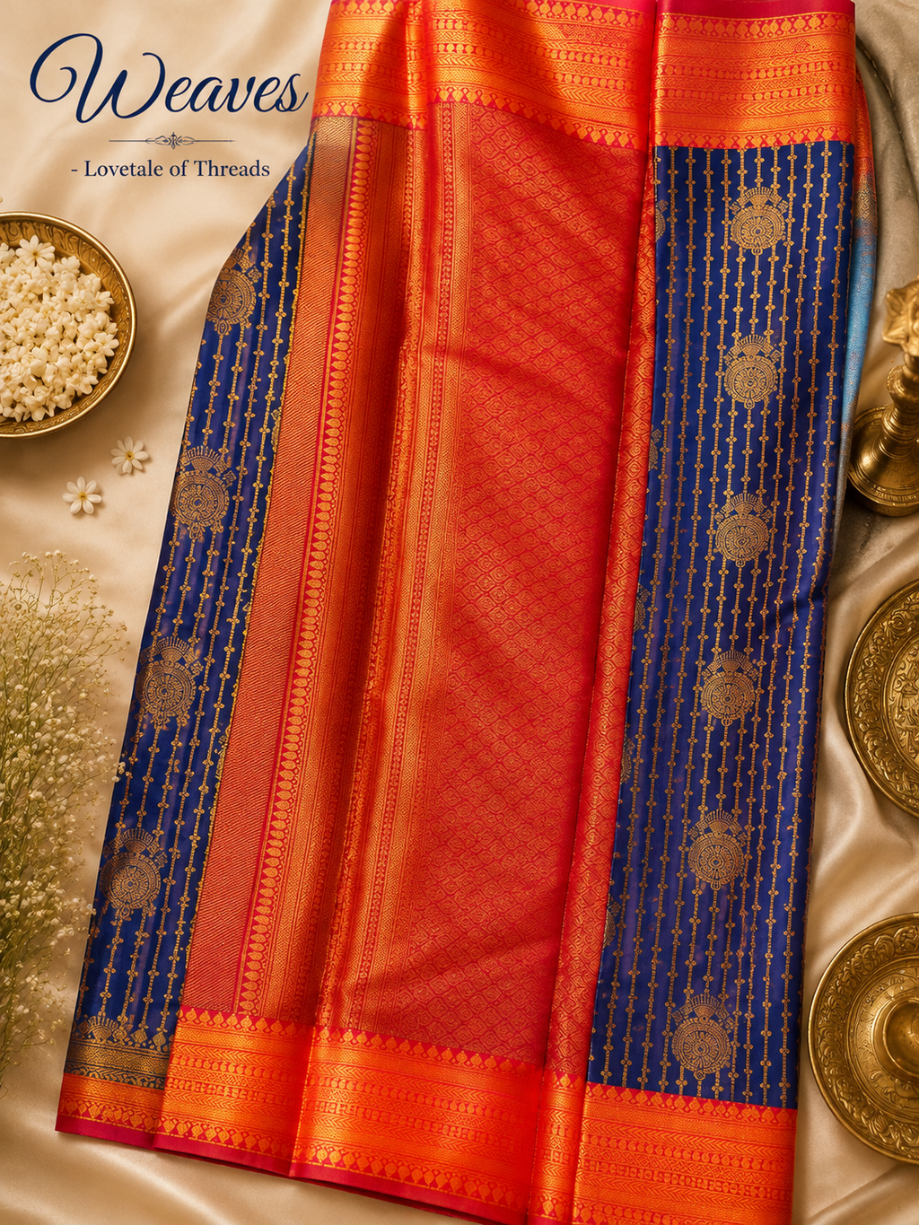 Vairaoosi Navy Blue Kanjivaram Silk Saree folded view with red border
