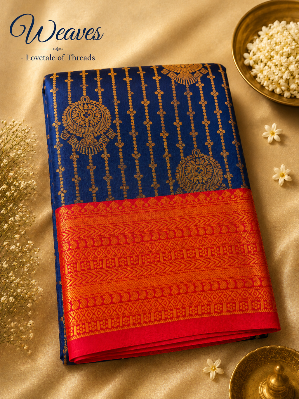 Vairaoosi Navy Blue Kanjivaram Silk Saree red blouse piece