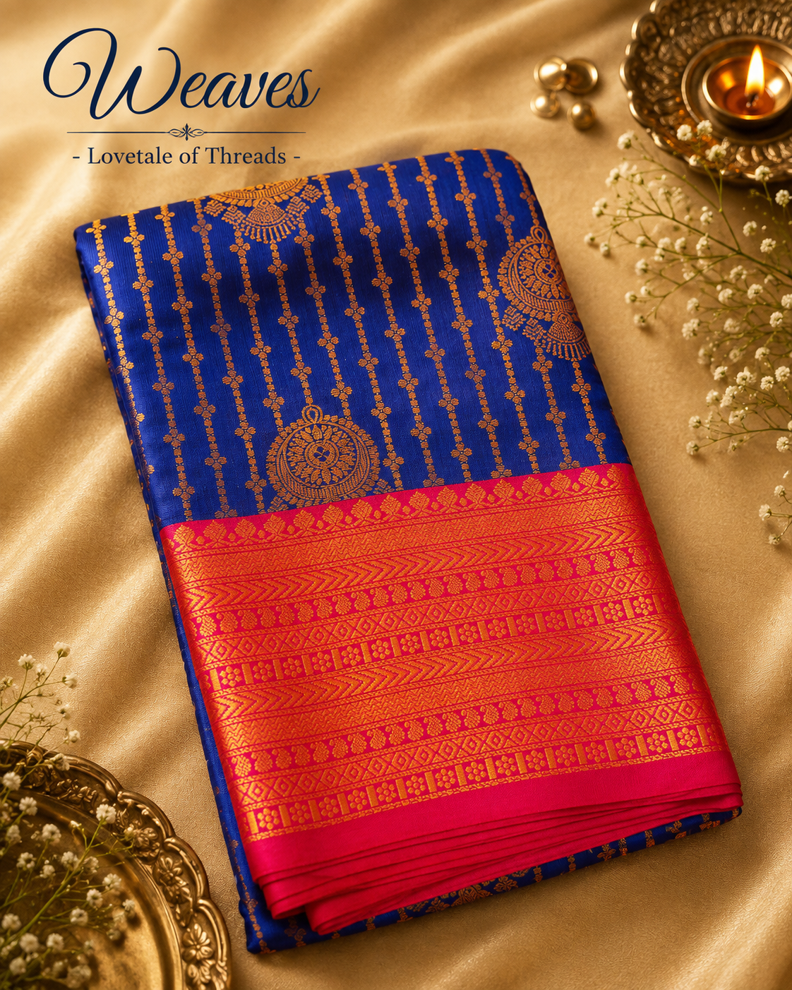 Royal blue woven saree with pink border and gold-toned motifs