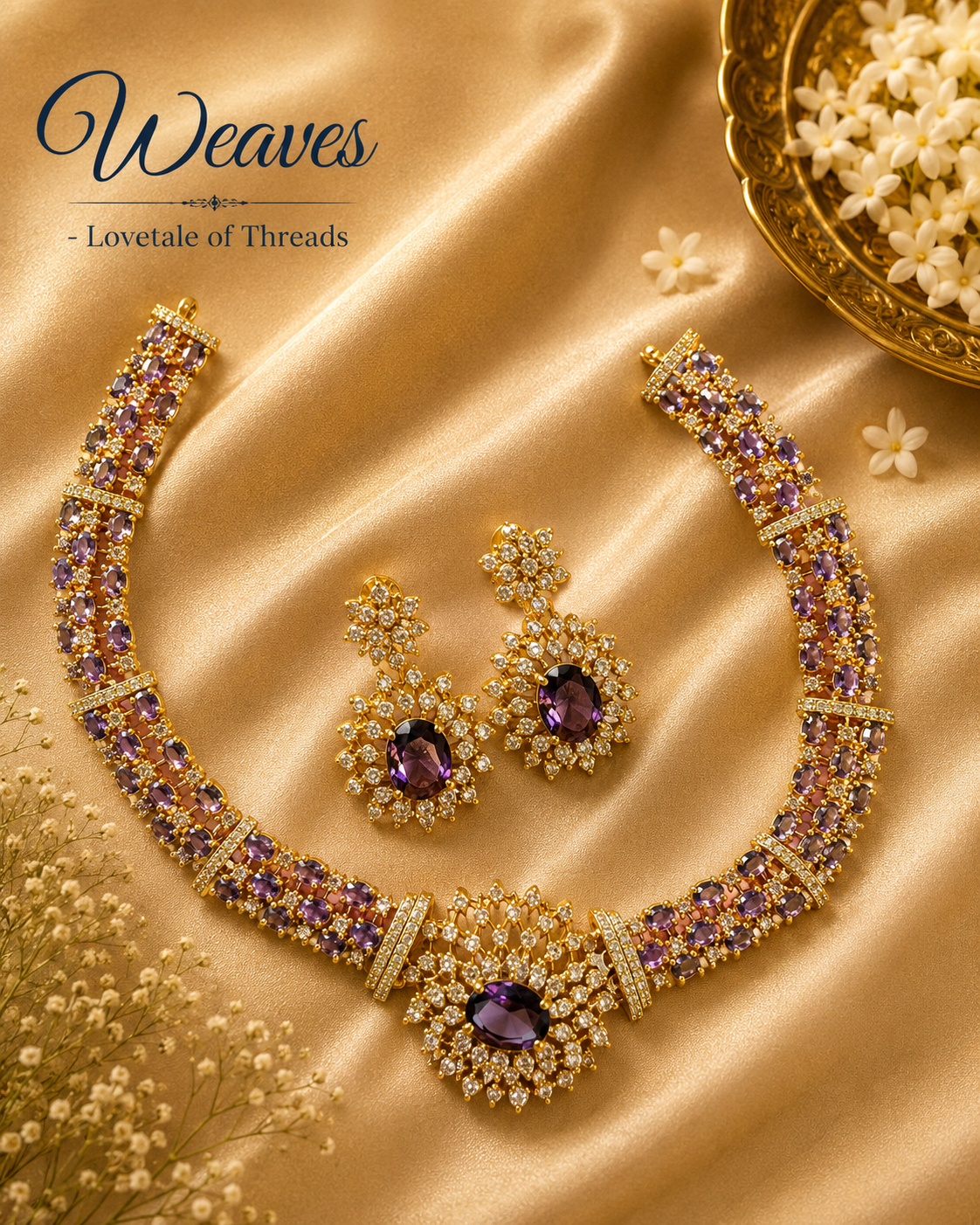 Gold-tone purple stone necklace with matching earrings and sparkling clear accents