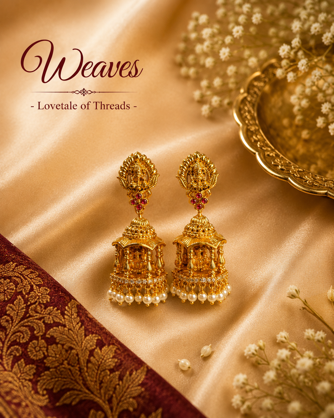 Ornate gold-tone temple jhumka earrings with red accents and pearl drops