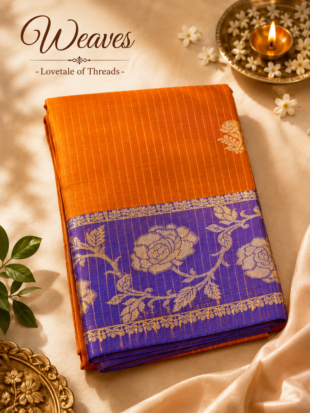 Folded copper orange soft silk saree with repeating gold-toned woven motifs