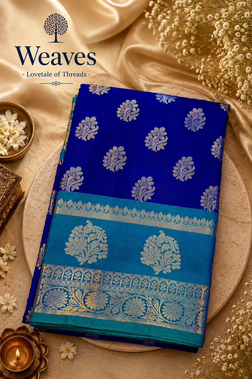 Royal blue and teal semi Katan silk saree with gold-toned woven border