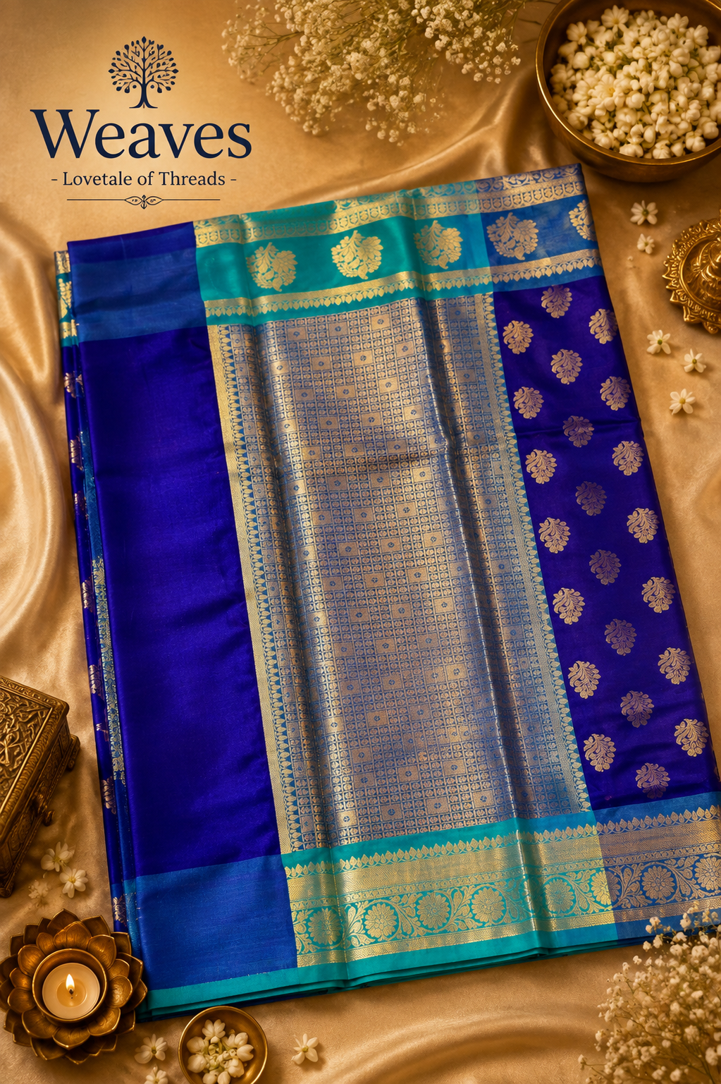 Folded royal blue and teal semi Katan silk saree with woven motifs
