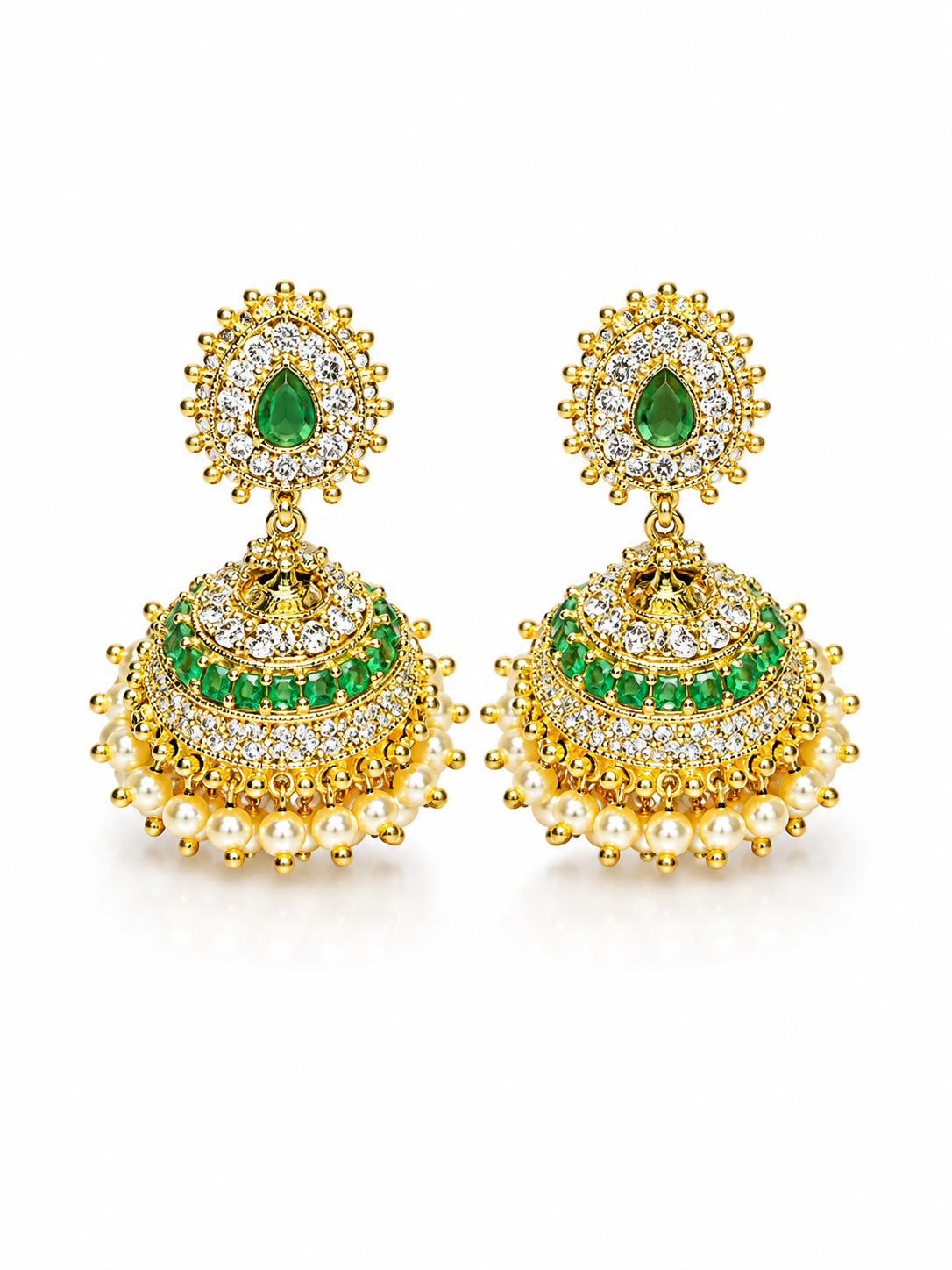 Gold Emerald Chandbali Jhumka Earrings