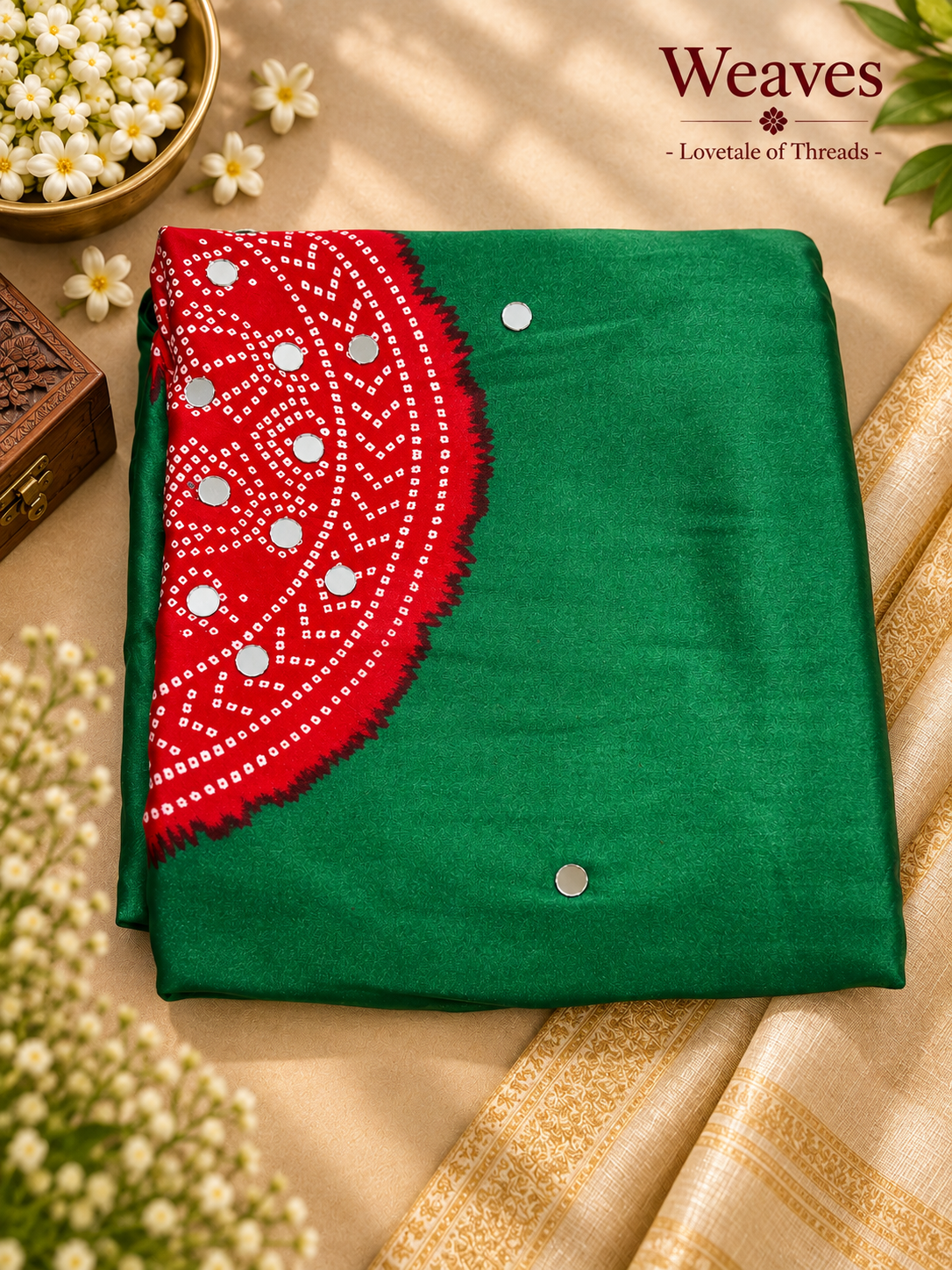 Emerald green semi modal silk saree with red printed border and white dot motifs
